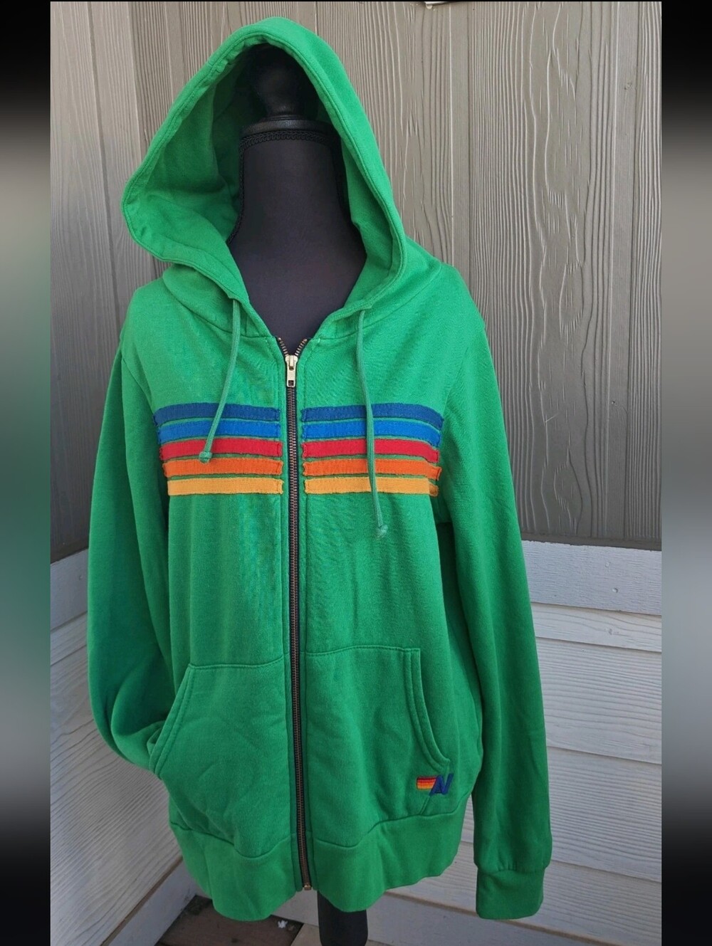 Aviator Nation Size M Green 5 Stripe Zip-Up Hoodie Unisex